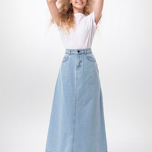 Campine Ice Blue Denim Maxi Skirt Long Soft Full Length Modest Skirt with Pockets Fall Custom Length image 3