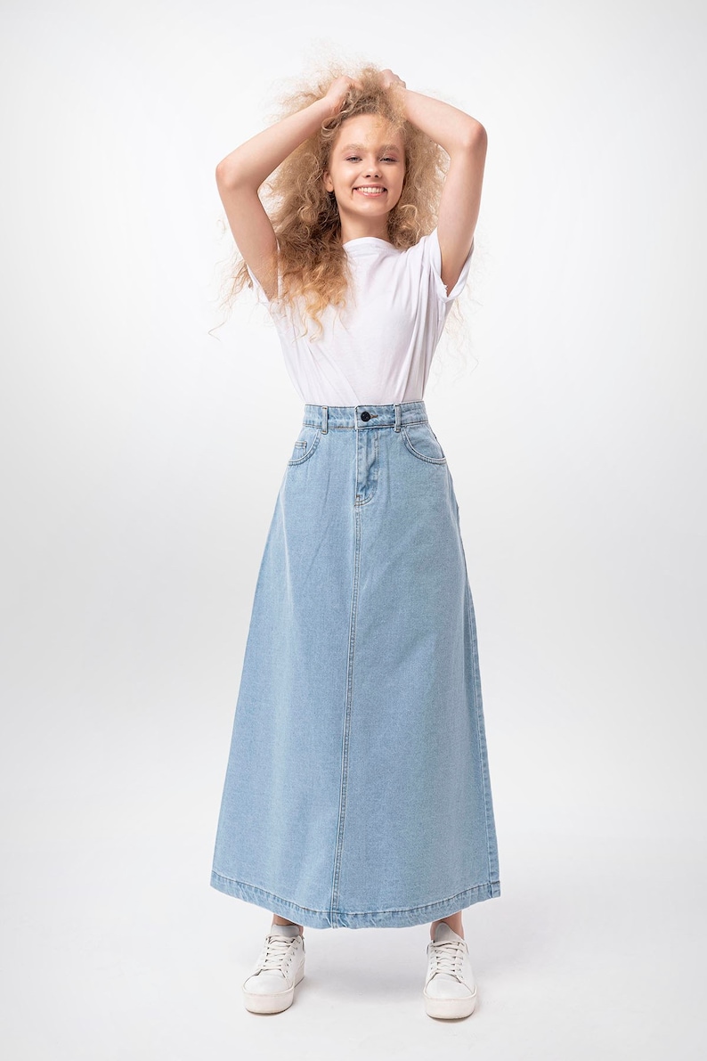 Campine Ice Blue Denim Maxi Skirt Long Soft Full Length Modest Skirt with Pockets Fall Custom Length image 3