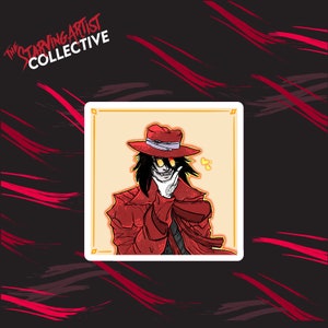 May include: A sticker featuring a cartoon vampire with red hair, wearing a red and white patterned coat, a red hat with a white band, and yellow sunglasses. The vampire is smiling and holding a hand to their cheek. The sticker has a yellow border and a white background.