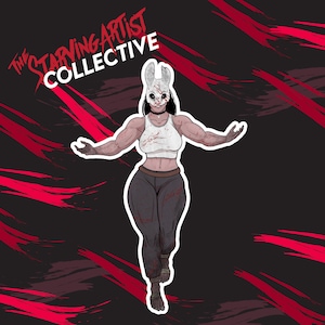 May include: A digital illustration of a woman wearing a white bunny mask with red blood splatters. She is wearing a white tank top, grey pants, and has a black choker necklace. The background is a dark grey with red brushstrokes. The text "The Starving Artist Collective" is in the top left corner.