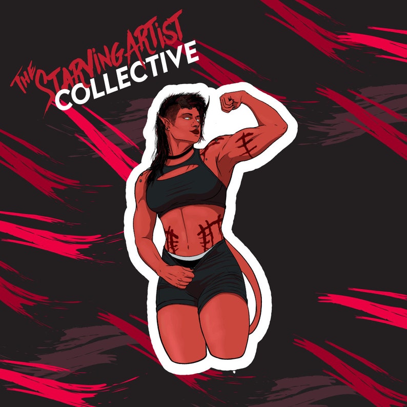 May include: A digital illustration of a muscular female figure with red skin and black hair. She is wearing a black sports bra and black shorts. The figure is flexing her bicep and has scars on her body. The background is a dark gray with red brushstrokes. The text "The Starving Artist Collective" is in the top left corner.
