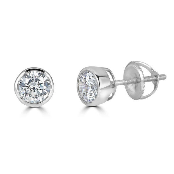 1.0 CT Basket Set Diamond Earrings, Round Cut Sleeper Diamond Studs, 14K Solid White Gold, Screw Back Closure, Diamond Bezel Solitaire Studs