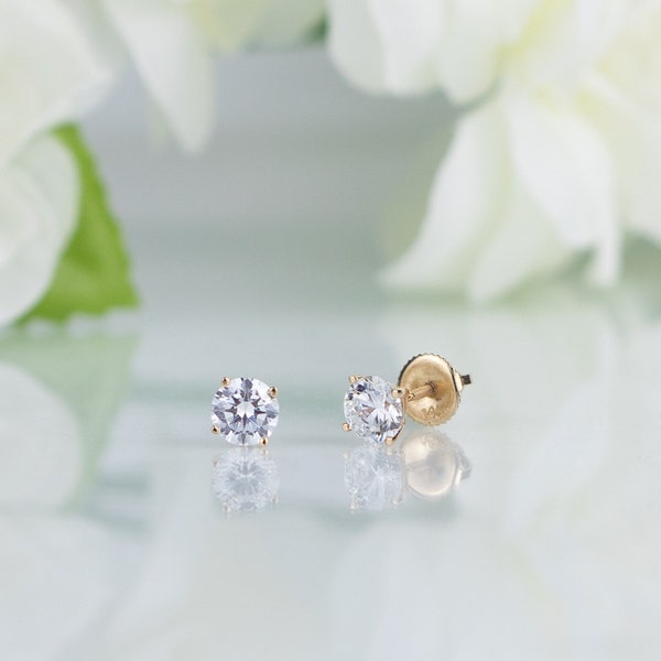 1 CT Round Cut Stud Diamond Earrings, Delicate Solitaire Diamond Jewelry, Solid 14k Yellow Gold Earrings, Minimalist Bridesmaid Jewelry