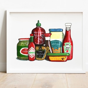 Impresión artística de condimentos, impresión con salsa de soja, mayonesa, mostaza, salsa de tomate Gochujang, arte de cocina, condimentos / Impresiones de sal y papel