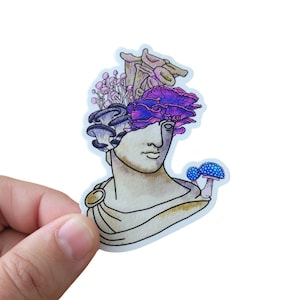 Le dernier autocollant en vinyle Fung-Us, autocollant champignon, statue romaine avec des champignons qui en poussent, post apocalyptique | Tirages au sel et au papier