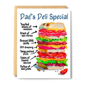 Dad's Deli Special, Father's Day Sandwich Card, BBQ Dad, stack of meats, , Beef, Pork, Dada, Birthday for dad | Salt & Paper Prints