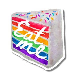Autocollant en vinyle Eat Me Cake, autocollant de gâteau d’anniversaire Sassy Rainbow, autocollant queer ou gay pour la fierté LGBTQ, autocollant drôle | Impressions au sel et sur papier
