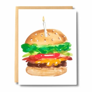 Verjaardagskaart Hamburger met kaars, Burger Lover Verjaardagskaart, Aquarel Hamburger Kaart, Kaart voor papa, Kaart voor vriendje | Zout & Papier