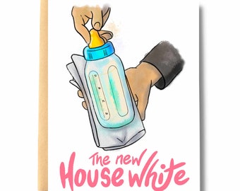 Het nieuwe huis witte nieuwe babykaart, welkom babykaart, sommelier met fles melk in plaats van wijn, grappige babykaart, baby | Zout & Papier