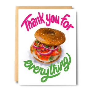 Merci pour tout Bagel, Carte de voeux, Gourmet, Fun, Gratitude, Amour de bagel, Humour, Appréciation, Délicieux, Nourriture| Sel et papier