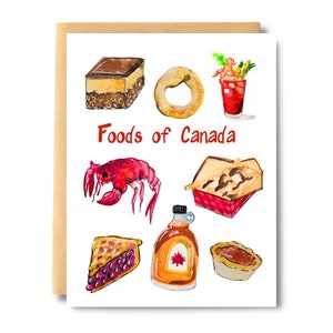 Carte Aliments du Canada, plats nationaux du Canada, poutine, sirop d'érable, bar Nanaimo, bagel Montréal, carte de la fête du Canada | Sel et papier