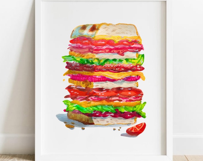 Watercolor Sandwich Art Print: Foodie Kitchen Decor
