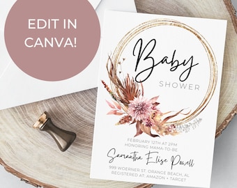 Editable Boho Baby Shower Invitation, Bohemian Baby Shower Invite, Boho Shower, Baby Shower Invitation Template, Canva