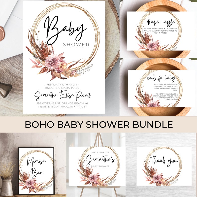Boho Baby Shower Invitation Bundle Bohemian Floral Baby Etsy