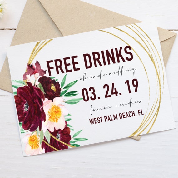 Free Drinks Wedding Invitation Funny Save The Date Printable Etsy