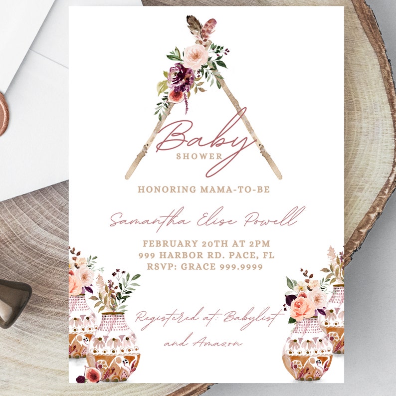 Editable Boho Baby Shower Invitation Bohemian Baby Shower Invitation Baby Shower Templates Boho Baby Shower Baby Girl Shower Invitation