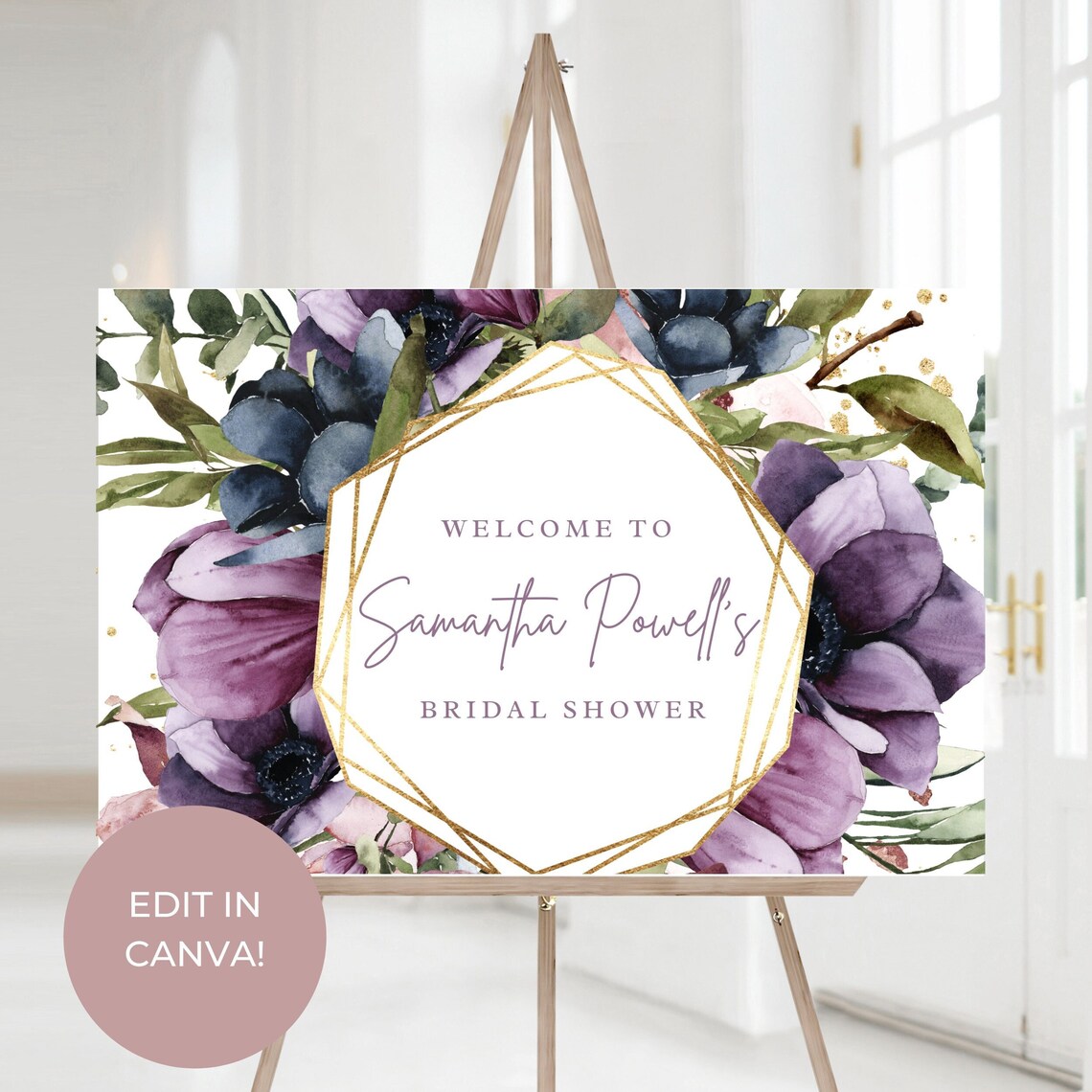 Purple Floral Bridal Shower Welcome Sign Editable Bridal image 1