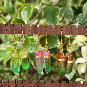 Wrapped Crystal Earring,Colorful Quartz Point Earring,Raw Crystal Healling Quartz Stick Gold Earring,Dangle Hook Earring,Boho Summer Earring