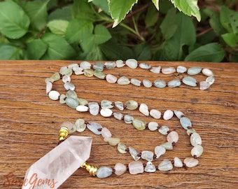 Collier de perles de morganite, collier avec pendentif double pointe en cristal de quartz, collier de yoga en cristal de guérison, collier long noué