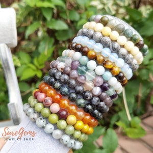 65 tipos de pulsera de piedras preciosas redondas de 6 mm/8 mm/10 mm, pulsera de cuarzo crudo de cristal curativo, pulsera de cuentas elásticas, pulsera única de piedras preciosas imagen 4