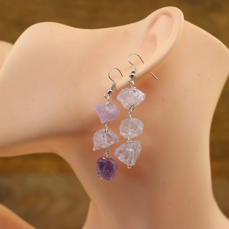 Natural Gemstone Wire Wrapped Earrings,Raw Crystal Quartz Hook Earring,Quartz Reiki Dangle Earring,3 stone earrings,Handmade Women earrings image 10