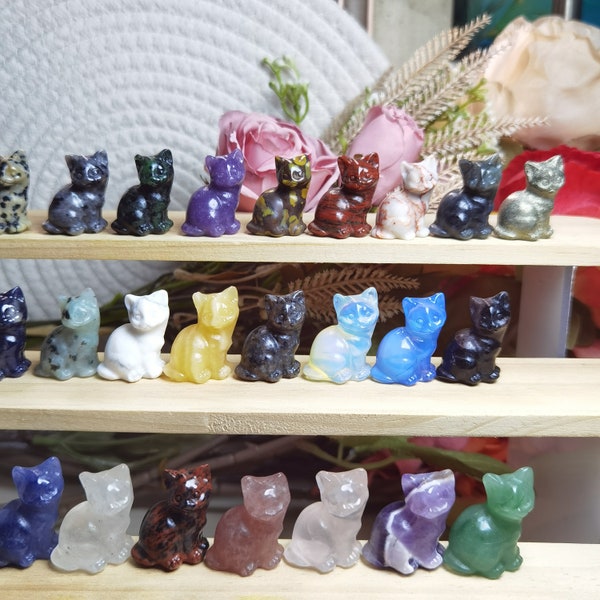 27stone, 1,2 '' Figurine de chat sculptée en pierres précieuses naturelles Statue de chat en cristal, mini figurine de chat en cristal, décoration d'animal sculpté, cadeau de chat en quartz mélangé