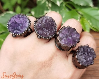 Druzy Amethyst Ring,Rough Amethyst Cluster Ring,Purple Quartz Geode Antique Copper Bezel Rings,Healing Crystal Boho Ring,Bronze Ring