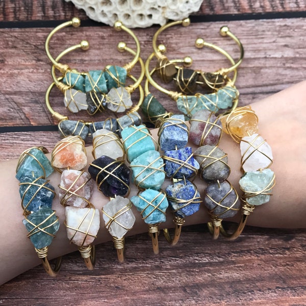 GOLD Bangles,Rough Stones Cuff Bracelets,Raw Quartz Nugget  Healing Crystals Boho Jewelry For Women Ladies