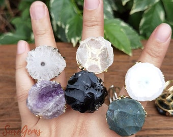 Healing Crystal Ring,Natural Quartz Geode Ring,Cabochon Ring,Rough Gemstone Silver /Gold Ring,Amethyst Rings,Band Rings,Open Ring