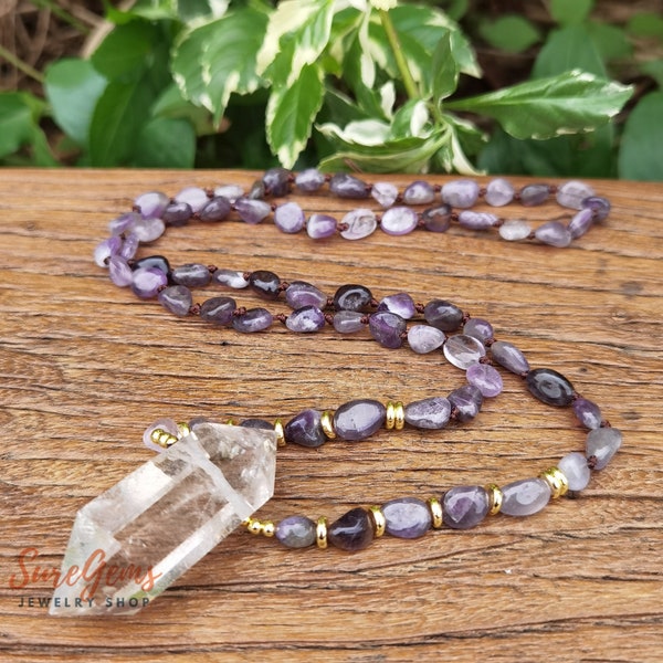 Collier pendentif double pointe en cristal de quartz, collier de yoga en perles de copeaux d'améthyste, collier long noué, bijoux en cristal de guérison