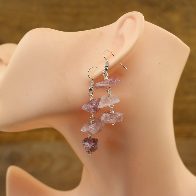 Natural Gemstone Wire Wrapped Earrings,Raw Crystal Quartz Hook Earring,Quartz Reiki Dangle Earring,3 stone earrings,Handmade Women earrings image 9