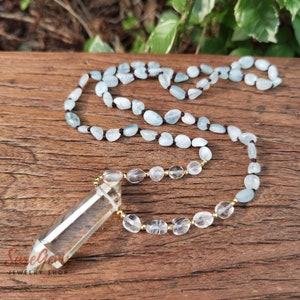 Aquamarine Chip Beads Healing Crystal Necklace,Crystal Stick Double Point Pendant Quartz Knotted Necklace,Bohemia Necklace Jewelry