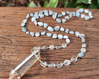 Aquamarine Chip Beads Healing Crystal Necklace,Crystal Stick Double Point Pendant Quartz Knotted Necklace,Bohemia Necklace Jewelry