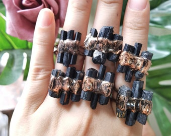 Black Tourmaline Ring,Raw Black Tourmaline Ring,Tourmaline Ring, Rough Black Ring,Retro Antique Rings,Healing Crystal Ring,Vintage Jewelry