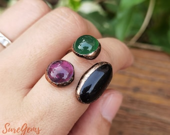 Round Beaded Gemstone Rings,Healing Crystals Quartz Ring,Antique Bronze Band Ring,3 Stone Ring,Birthstone Ring,Obsidian Amethyst Ring