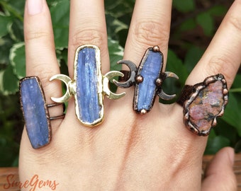 Blue Kyanite Rings,Raw Red Ruby Antique Copper Bezel Rings,Rough Kyanite Moon Ring,Slice Stone Ring,Bronze Band Ring,Open Ring,Gift for her