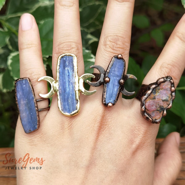 Blue Kyanite Rings,Raw Red Ruby Antique Copper Bezel Rings,Rough Kyanite Moon Ring,Slice Stone Ring,Bronze Band Ring,Open Ring,Gift for her