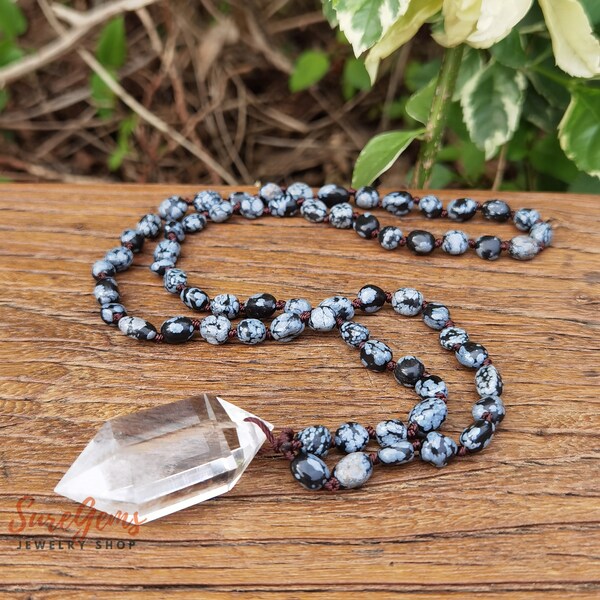 Collier mala en améthyste et citrine, collier de yoga avec pendentif double pointe en cristal, collier noué de perles de pépite de cristal à la fraise, mala de yoga