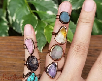 Rough Gemstone Tail Rings,Raw Amethyst / Aquamarine Antique Rings,Copper Bezel Ring,Healing Crystal Quartz Nuggets Ring,Bronze Band Ring