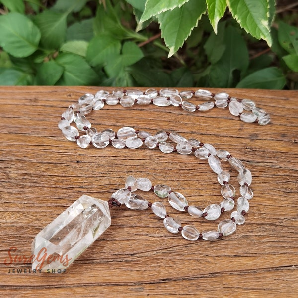 White Crystal Chip Beads Mala Necklace,AAA Crystal Double Point Pendant Knotted Necklace,Crystal Yoga Necklace,Handmade Jewelry