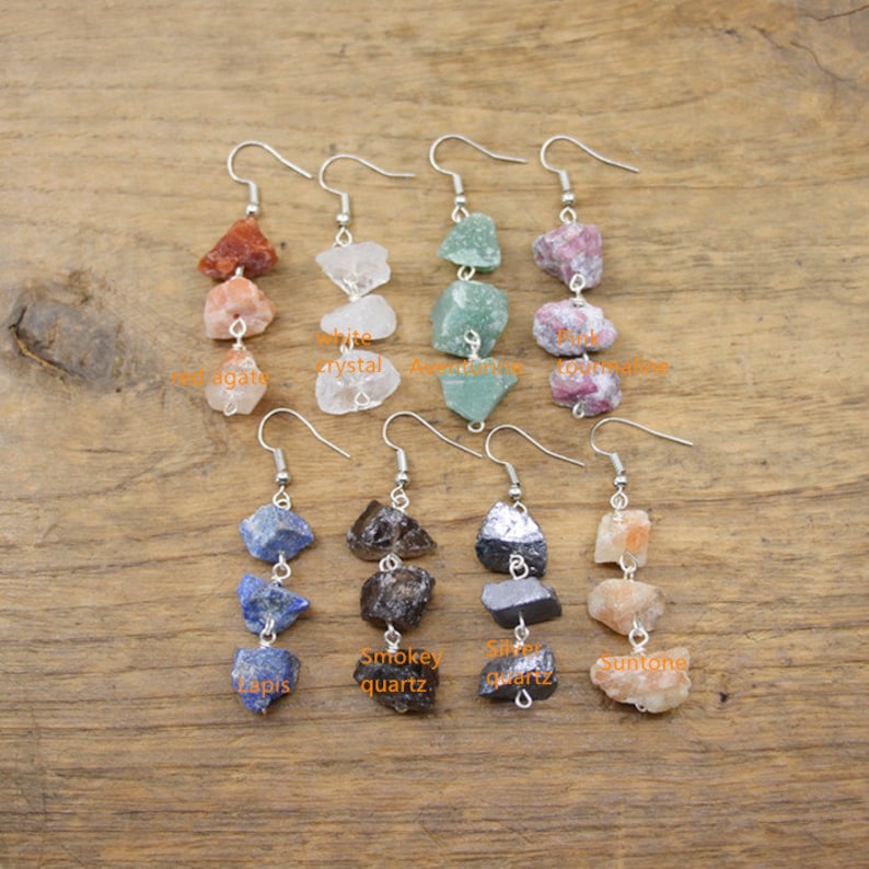Natural Gemstone Wire Wrapped Earrings,Raw Crystal Quartz Hook Earring,Quartz Reiki Dangle Earring,3 stone earrings,Handmade Women earrings image 3