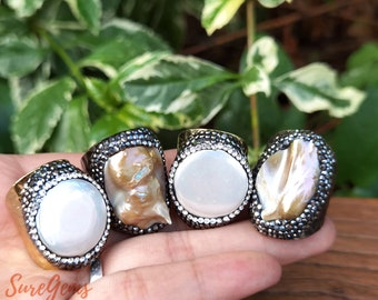 1pc,Natural Pearl Ring,Freeform Pearl Black Rhinestone Gunmetal Ring,Round Pearl Boho Rings,Coin Pearl Open Ring,Fashion Band Ring For Women