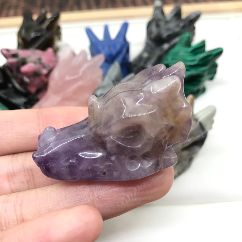 2021 New13stone Choice,1.8 Inches Dragon Skull Gems,Dragon Head Skull Home Decor,Hand Carved Natural Labradorite Rhodonite Amethyst Skulls image 9