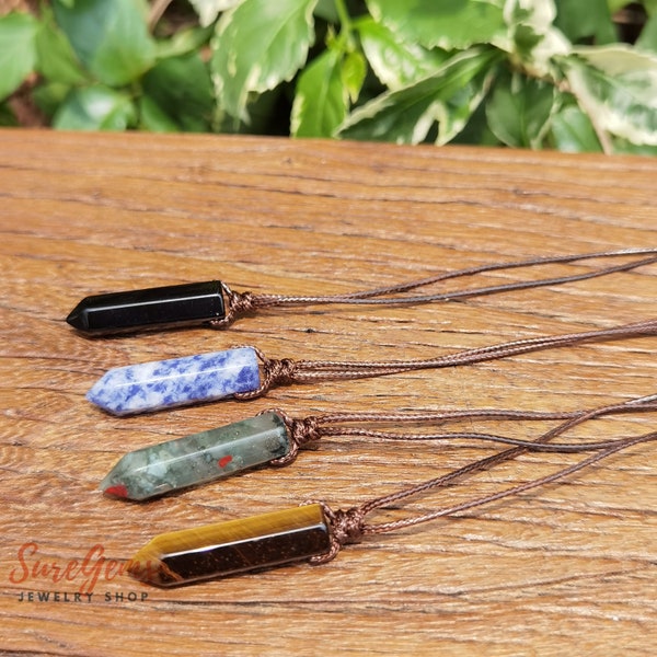 Gemstone Hexagonal Point Pendant Knot Necklaces, Healing Crystal Quartz Stick Bullet Bead Necklace Boho Jewelry,Handmade Necklace For Gifts