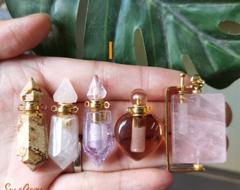 Big Sale!! 5pcs set-Double Pointed Crystal Perfume Bottle Pendant,Mixed Gemstone Essential Oil Diffuser Vial Necklace Women Summer Jewelry