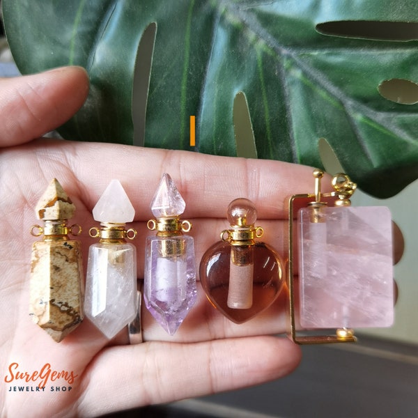 Grande vente !! Ensemble de 5 pièces-pendentif bouteille de parfum en cristal à double pointe, collier de fiole de diffuseur d'huiles essentielles de pierres précieuses mixtes femmes bijoux d'été