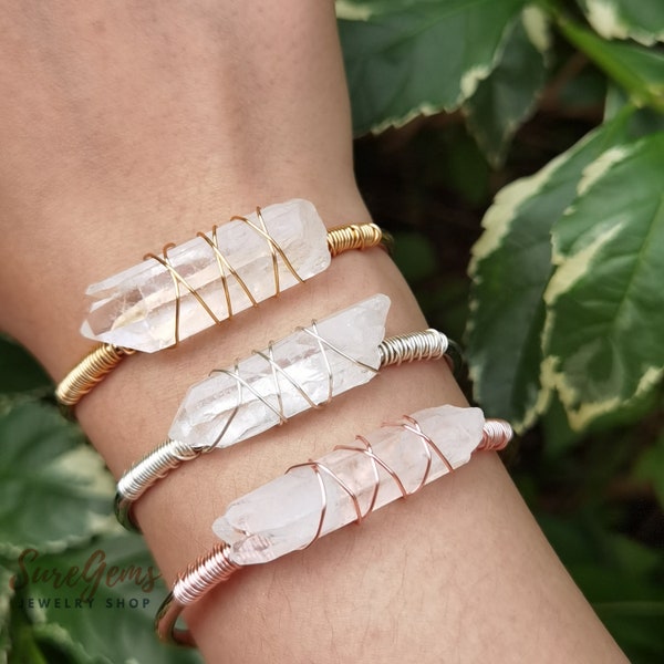 Healling Crystal Open Cuff Bangles,Rough Quartz Point Bangles,Wire-wrapped Gemstone Silver/Gold/Rose gold Bangle,Raw Crystal Bangle Jewelry