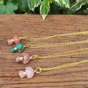Crystal Mushroom Necklace,Mini Gemstone Mushroom Pendant Gold Necklace,Brass wire wrapping Mushroom Necklace,Handmade Women Necklace