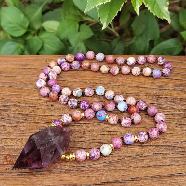 Sea Sediment Jasper Mala Necklace,Amethyst Double Point Pendant Bead Knotted Necklace,Purple Imperial Jasper Round beaded Prayer Necklace