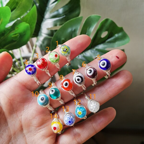 Wire Wrapped Rings , Evil Eye Lampwork Round Bead Ring , Colourful Glass Finger Ring Boho Jewelry , Cute Gemstone Ring